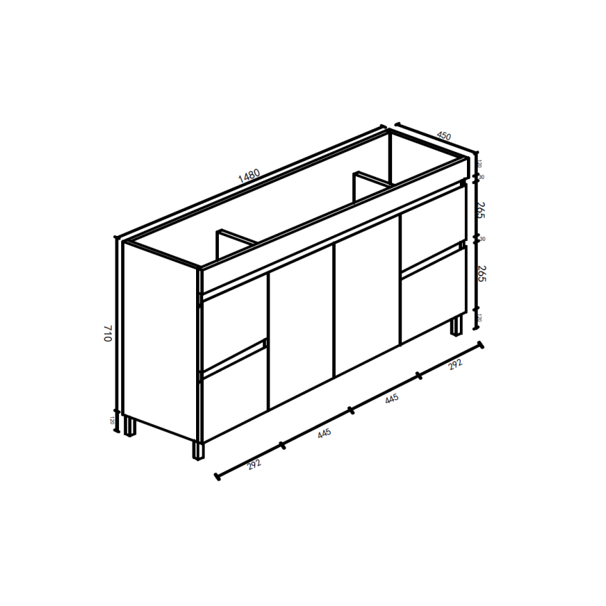 1500*450*710mm Free stangding Gloss White PVC Vanity Cabinet Only