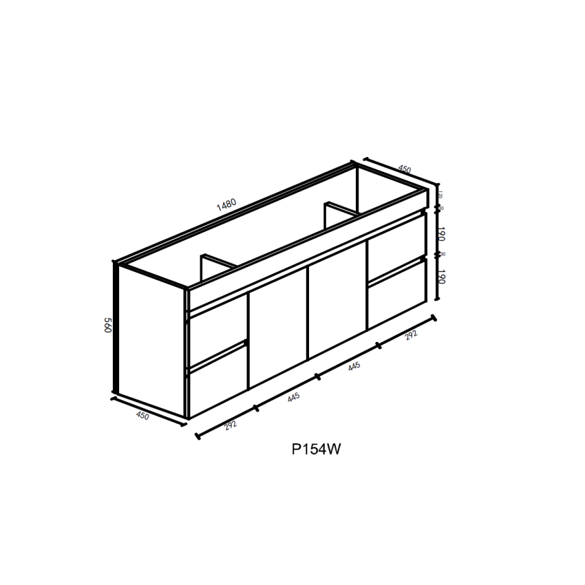 1500*450*560mm Wall Hung Gloss White PVC Vanity With Double Ceramic Top Cabinet Only