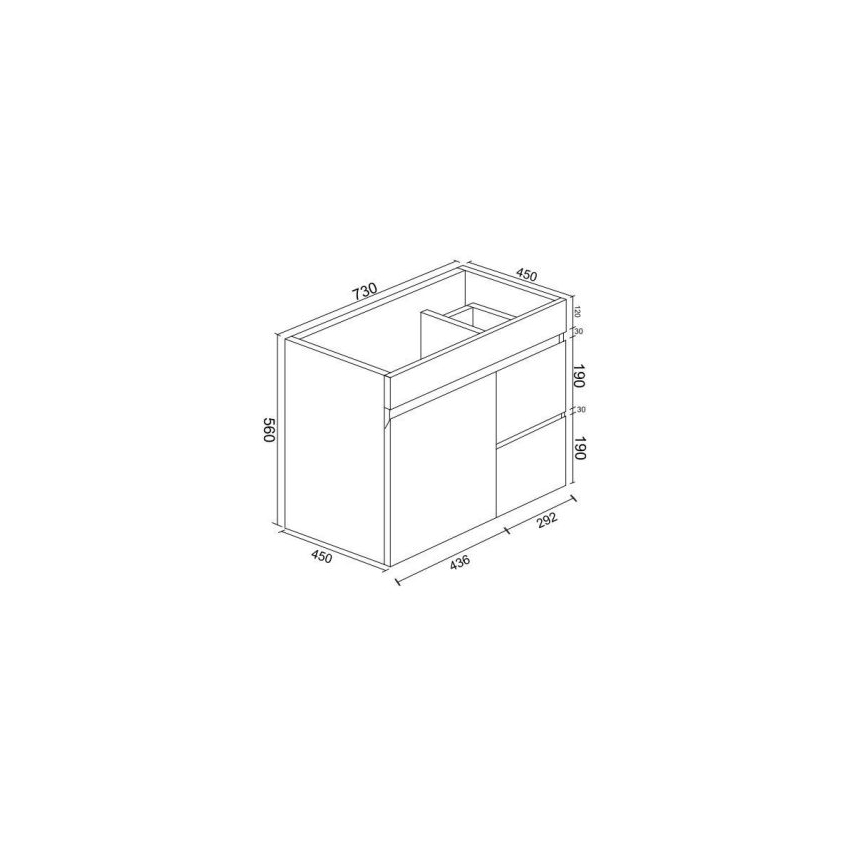 750*450*560mm Wall Hung Gloss White PVC Vanity Cabinet Only Right Drawer