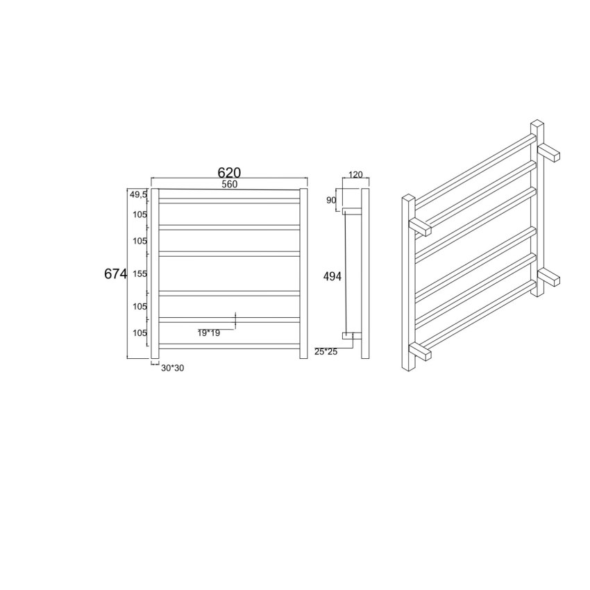 Brushed Nickel Square Electric Heated Towel Rack 6 Bars