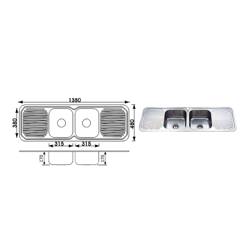 Cora Double Bowl & Double Drainer 1380 x 480 x 170mm