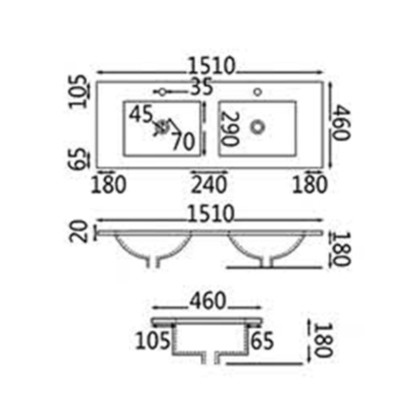 1500mm Gloss White Thin Edge Ceramic Vanity Top Double Basins