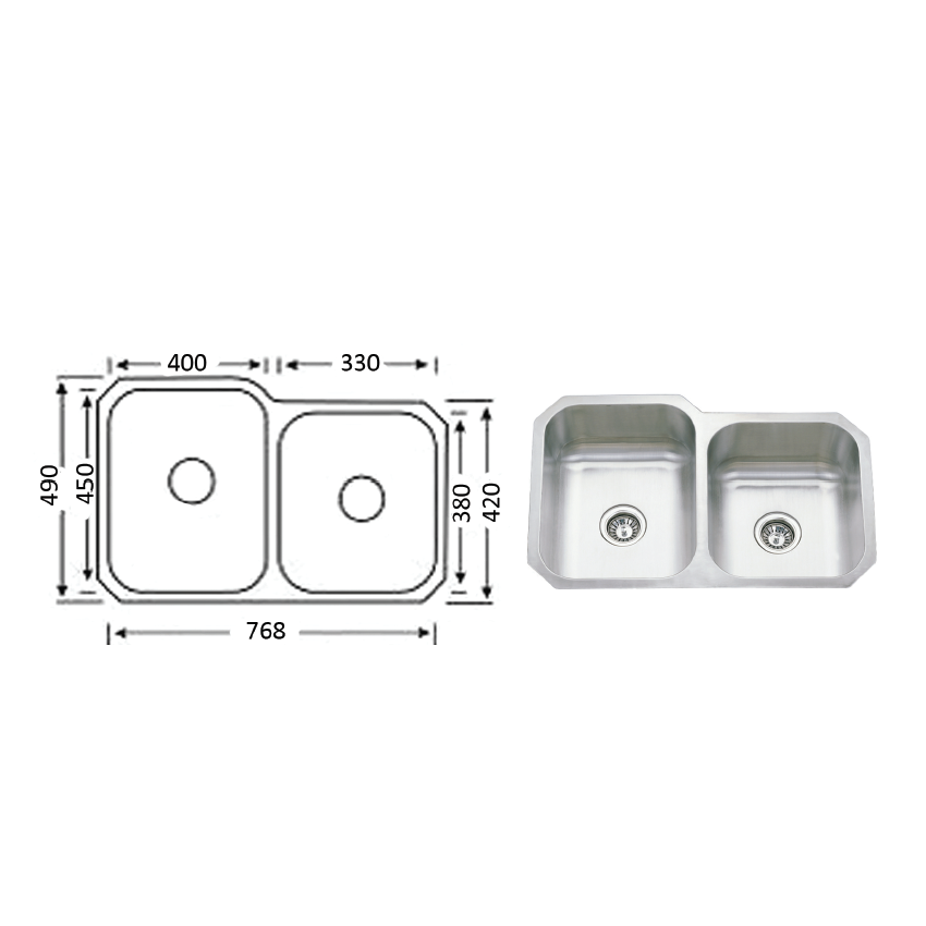 Cora Double Bowl Undermount Sink 808 x 490mm