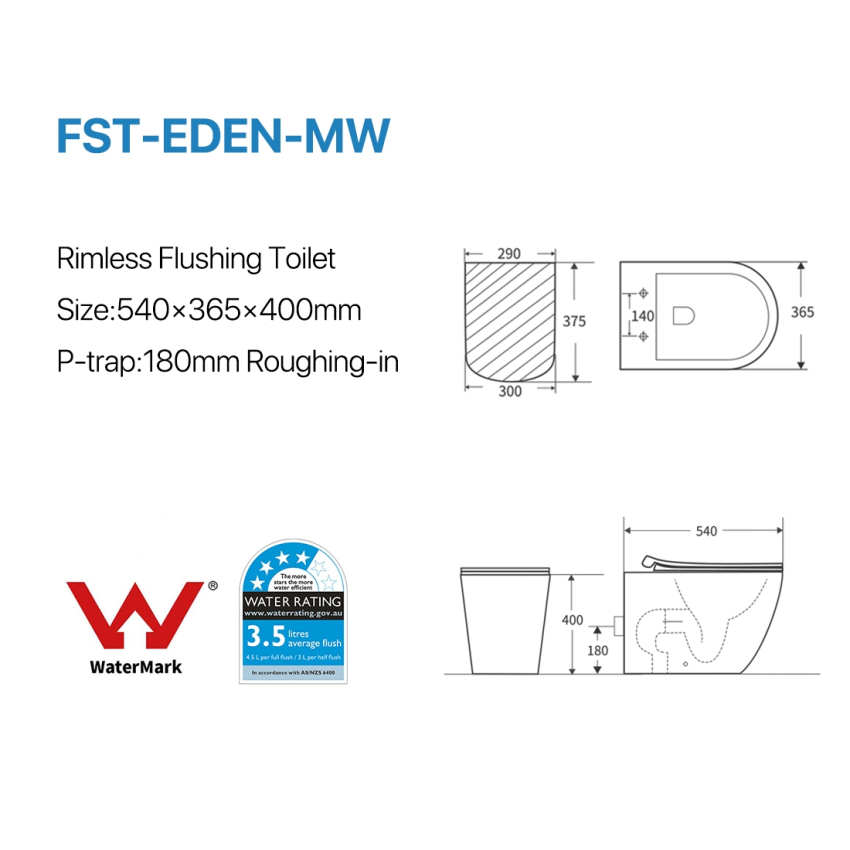 Floor Pan Rimless Flushing Toilet Matte White Size: 540x365x400mm P-trap: 180mm Roughing -in