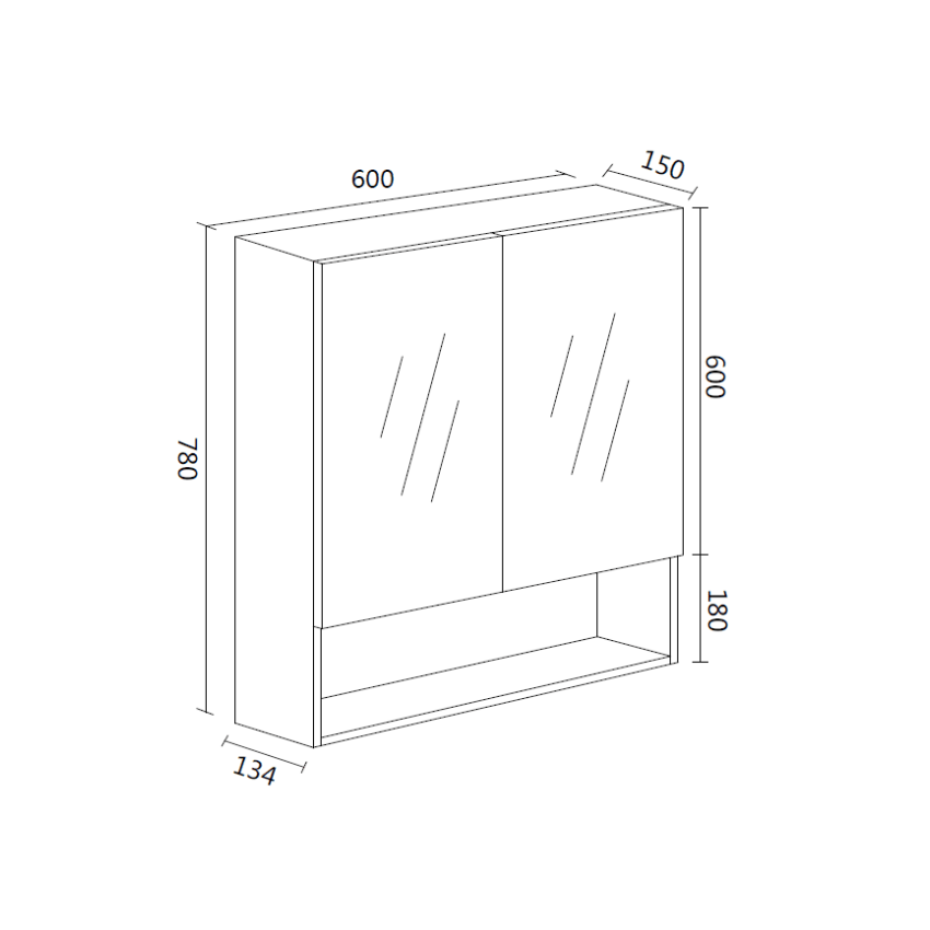 600*150*780mm Canyon Oak Wall Hung Woodgrain Mirror Cabinet Two Doors 