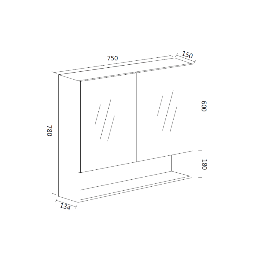 750*150*780mm Rock Cemento Wall Hung Woodgrain Mirror Cabinet Two Doors 