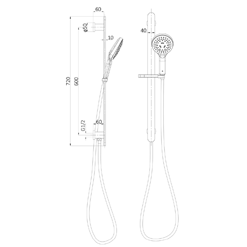 Kara Sliding Shower Rail with Integrated Water Inlet Matt Black