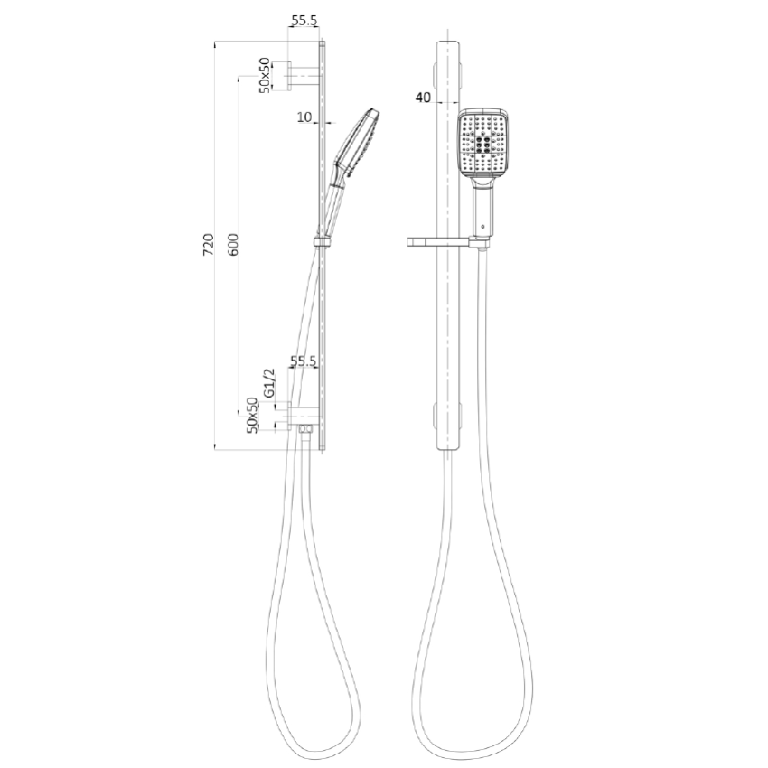Seto Sliding Shower Rail with Integrated Water Inlet Matt Black