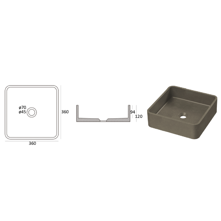 Zale Concrete Square Basin Grey 360 x 360 x 120 NTH Dark Grey