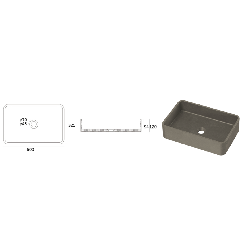 Zale Concrete Rectangle Basin Grey 500 x 350 x 120 NTH Dark Grey