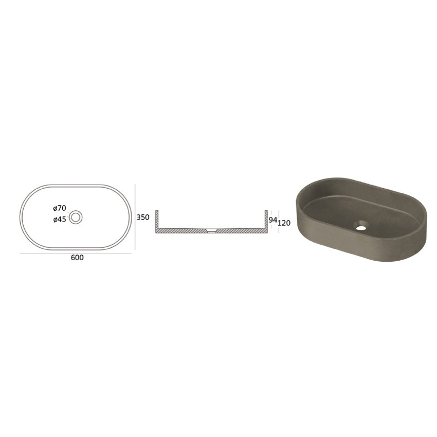 Zale Concrete Oval Basin Grey 600 x 350 x 120 NTH Dark Grey