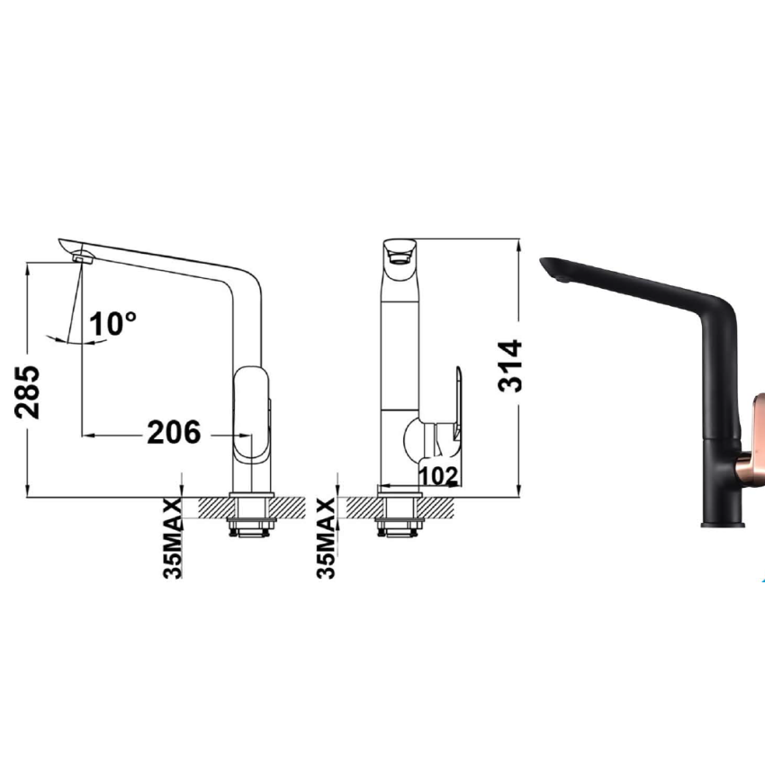 Kara Sink Mixer Black & Rose Gold Handle