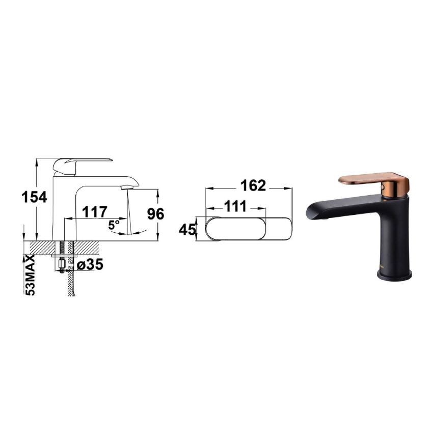 Kara Basin Mixer Black & Rose Gold Handle