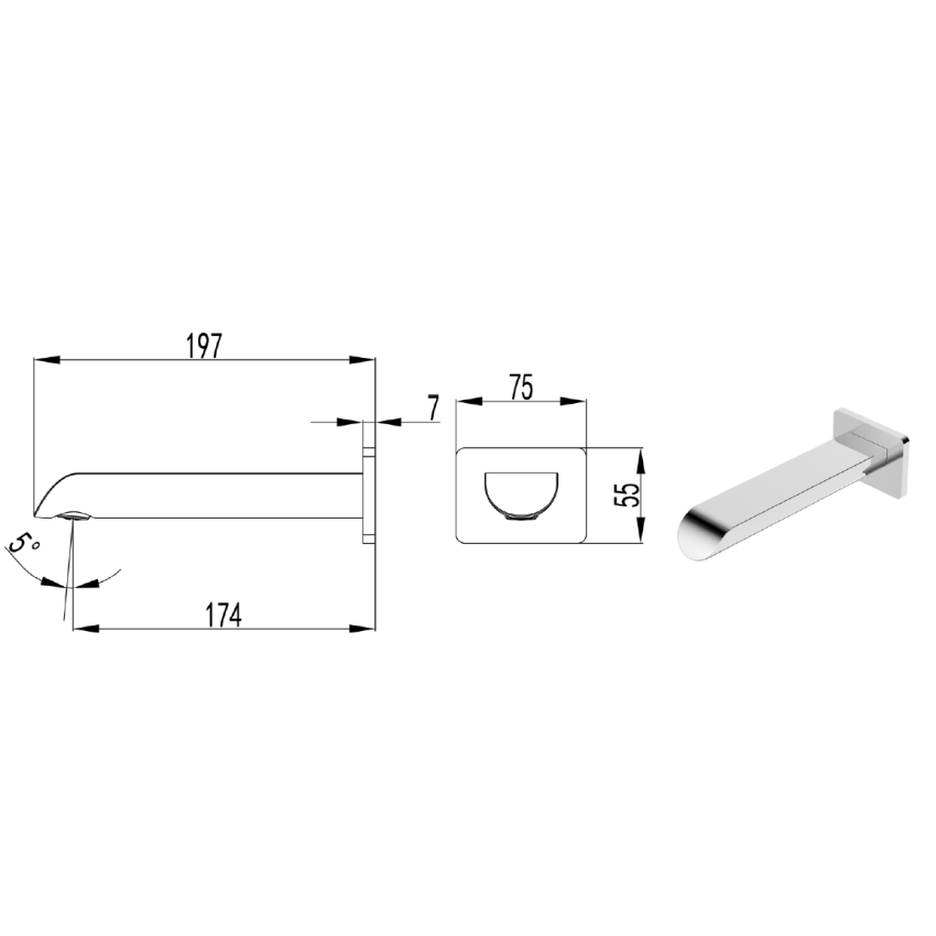Kara Bath Spout Curved Tip Chrome