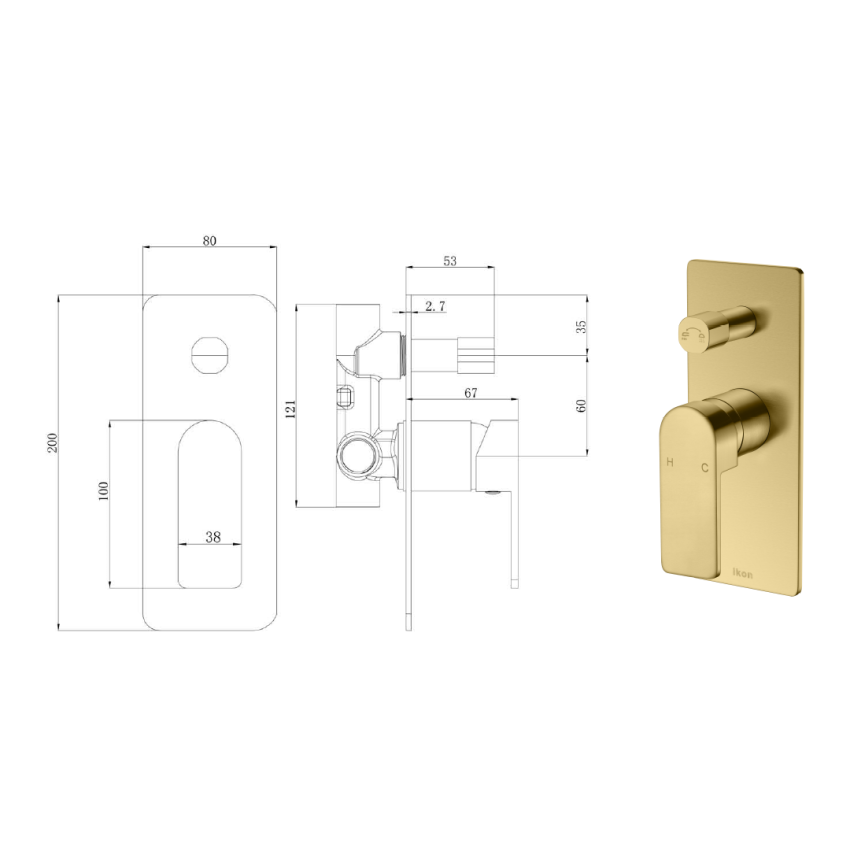 Flores Wall Mixer with Diverter Brushed Gold