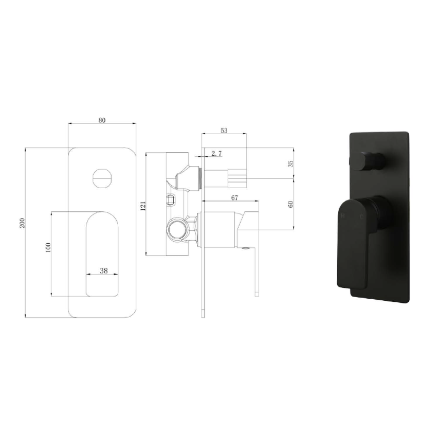 Flores Wall Mixer with Diverter Matt Black