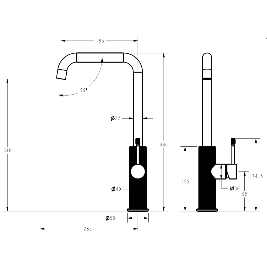 Linie Squareneck Sink Mixer Gun Metal