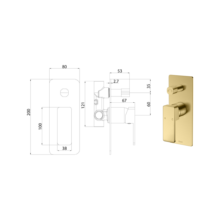 Ceram Wall Mixer with Diverter Brushed Gold