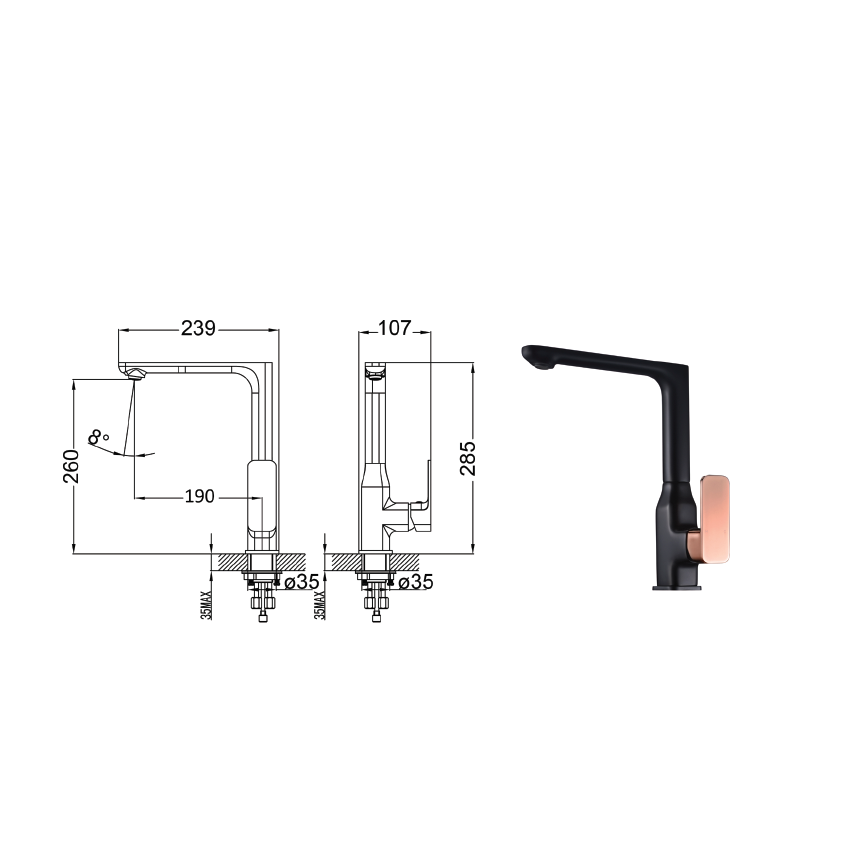 Seto Sink Mixer Black & Rose Gold Handle