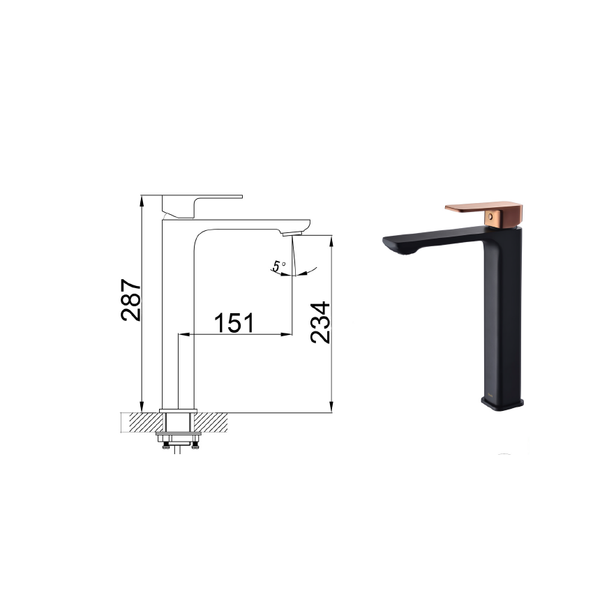Seto High Rise Basin Mixer Black & Rose Gold Handle
