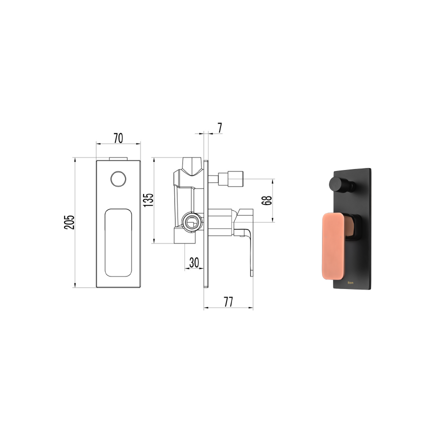 Seto Wall Mixer with Diverter Black & Rose Gold Handle