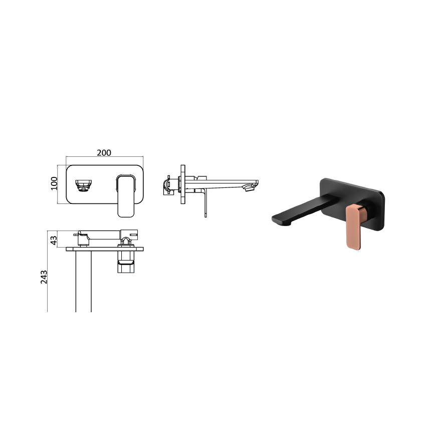 Seto Wall Basin Mixer Black & Rose Gold Handle
