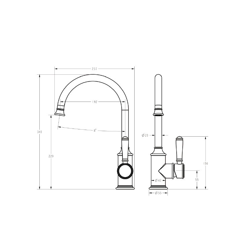 Clasico Gooseneck Sink Mixer Ceramic handle in Brushed Gold