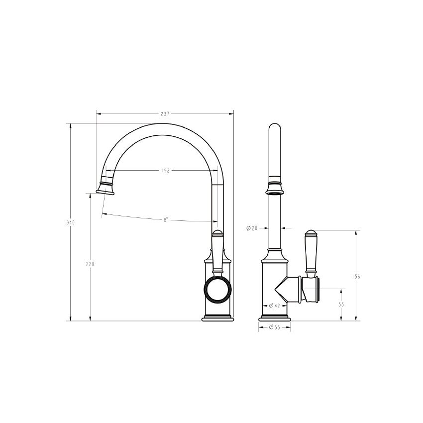 Clasico Gooseneck Sink Mixer Ceramic handle in Brushed Nickel