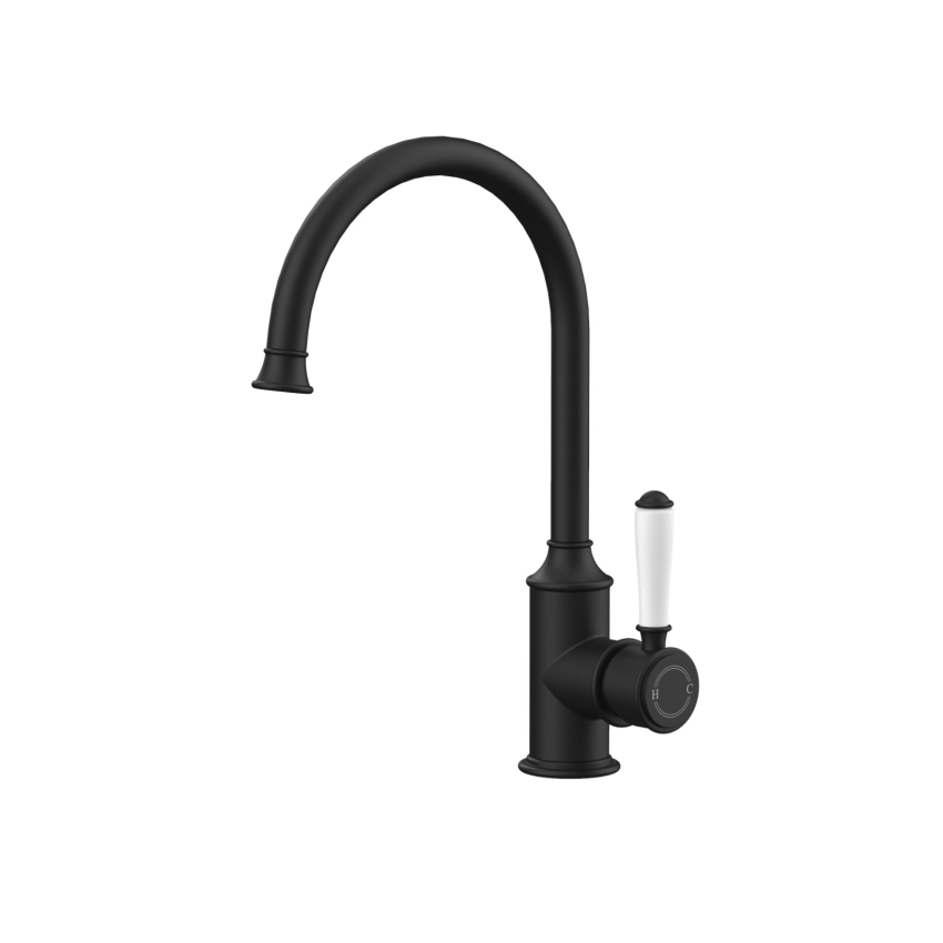 Clasico Gooseneck Sink Mixer Ceramic handle in Matt Black