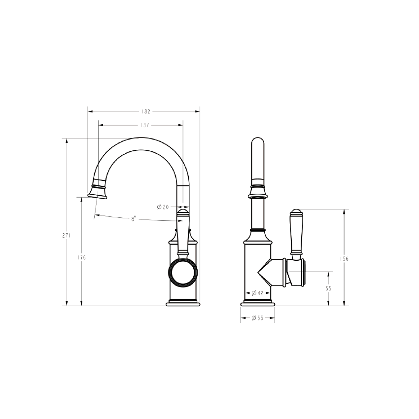 Clasico Gooseneck Basin Mixer Ceramic handle in Brushed Gold