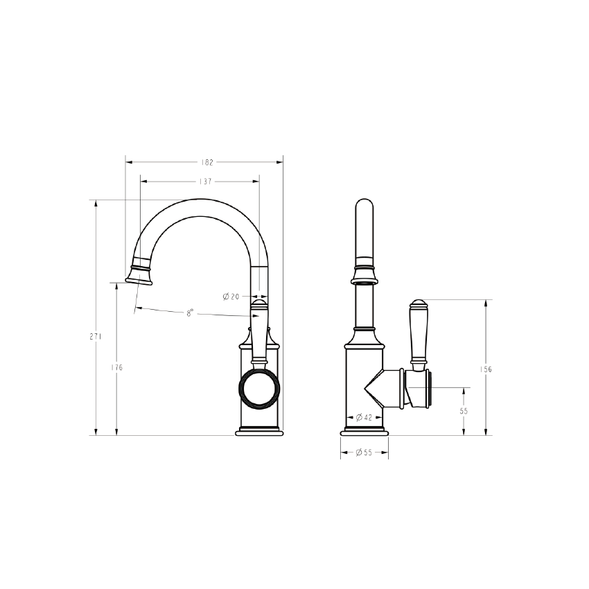 Clasico Gooseneck Basin Mixer Ceramic handle in Brushed Nickel