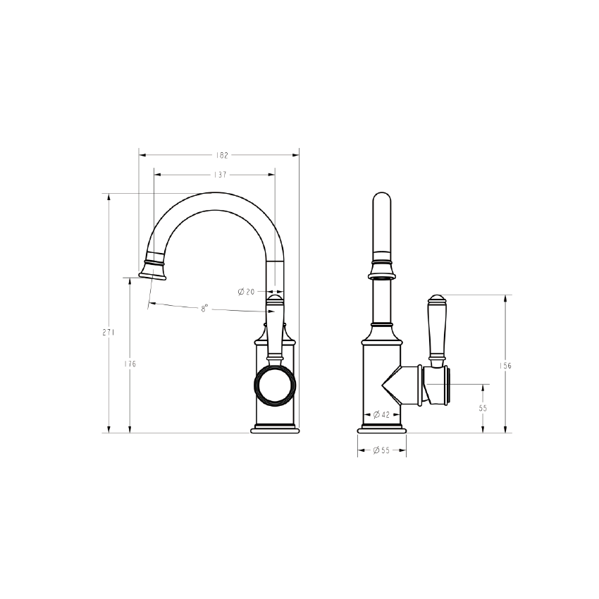 Clasico Gooseneck Basin Mixer Ceramic handle in Matt Black