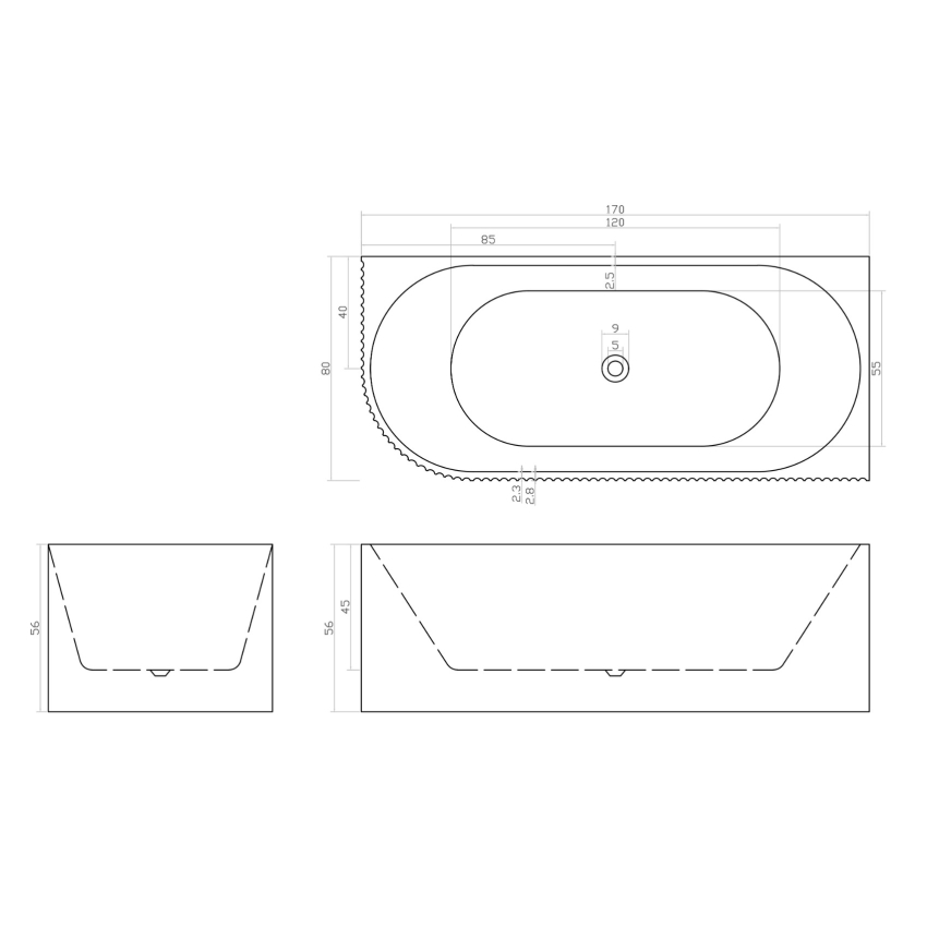 1700mm Kiama Grooved Gloss White Right Corner Fit Fluted Bathtub 