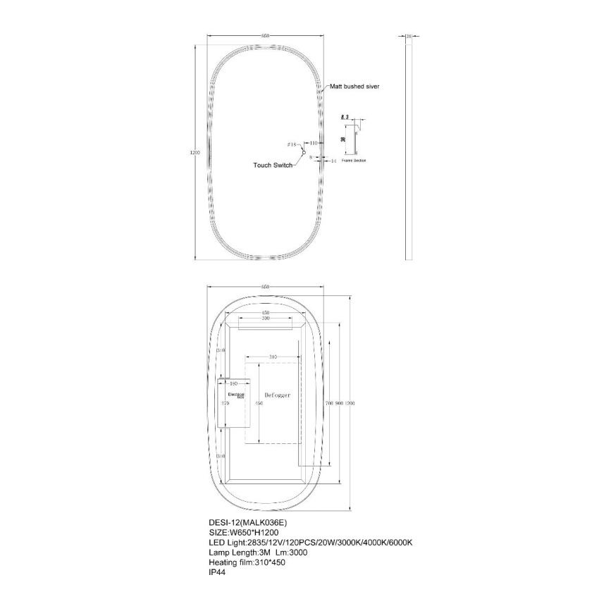 1200x650mm Dressing Led Mirror With Mirror Touch Switch