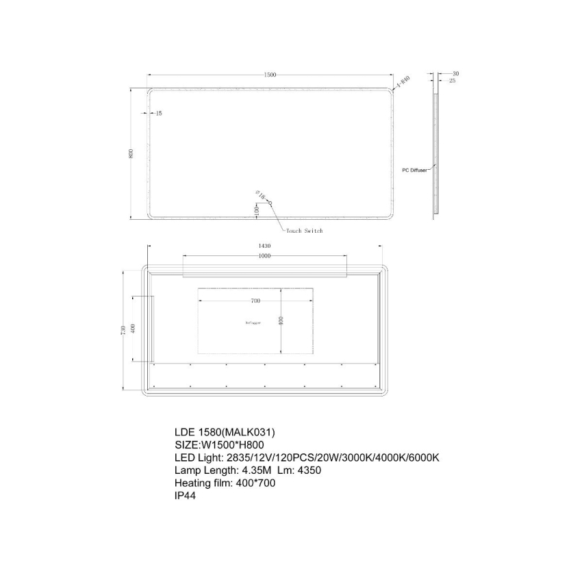 1500*800mm Frosted Glass Edge 3 Color Lighting Backlit LED Mirror Touch Sensor Switch