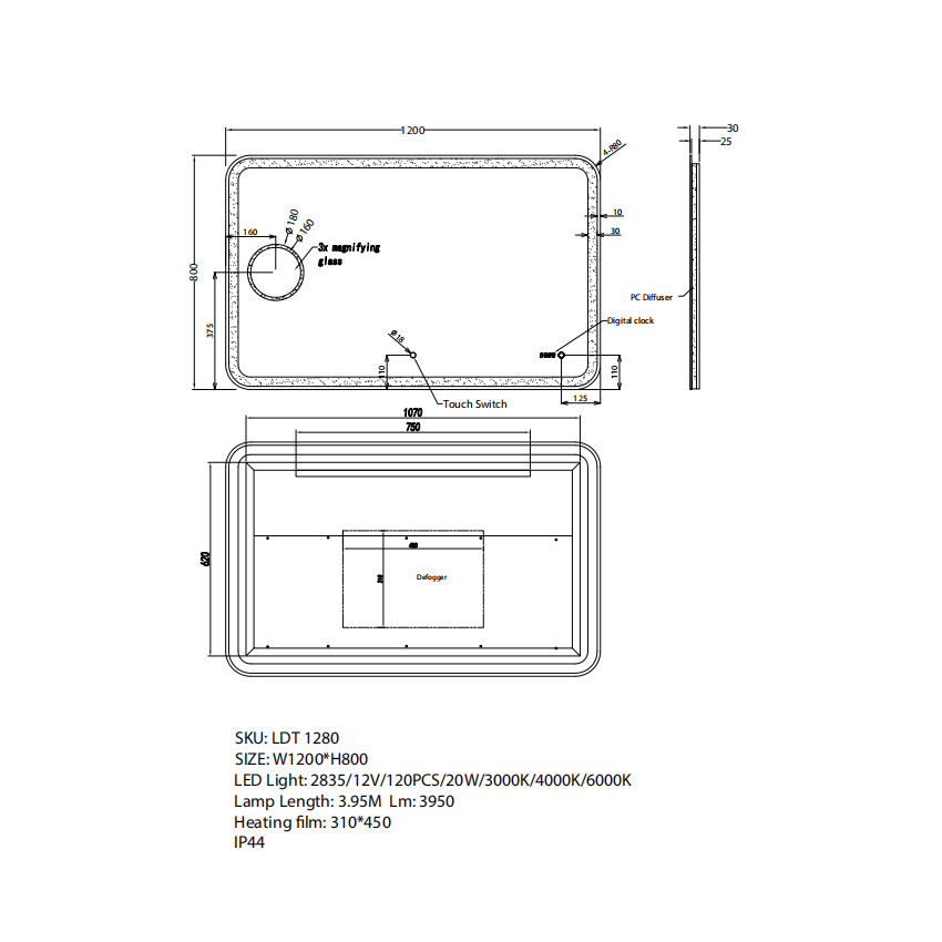 1200*800mm Curved Rim Rectangle 3 Color Lighting Backlit Acrylic LED Mirror Magnifier Touch Sensor Switch Defogger Pad Wall Mounted Digital Clock with Temperature
