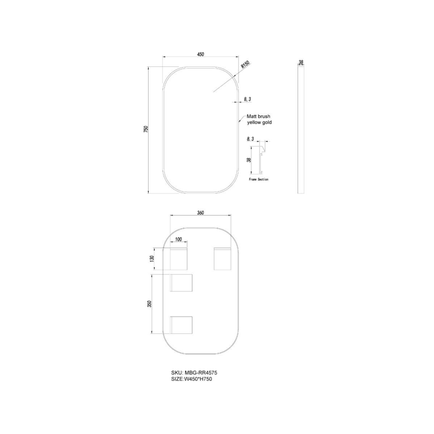 450*750mm Brushed Gold Rounded Rectangular Framed Mirror