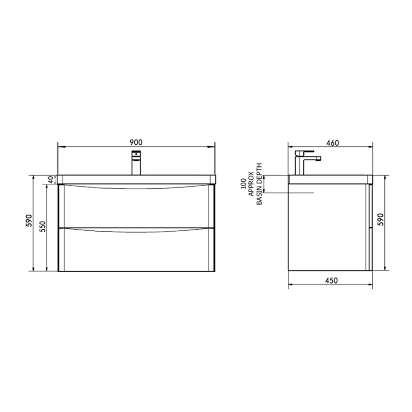 900mm Dark Oak MDF Bathroom Vanity 2 Doors ARC Wall Hung Cabinet Only