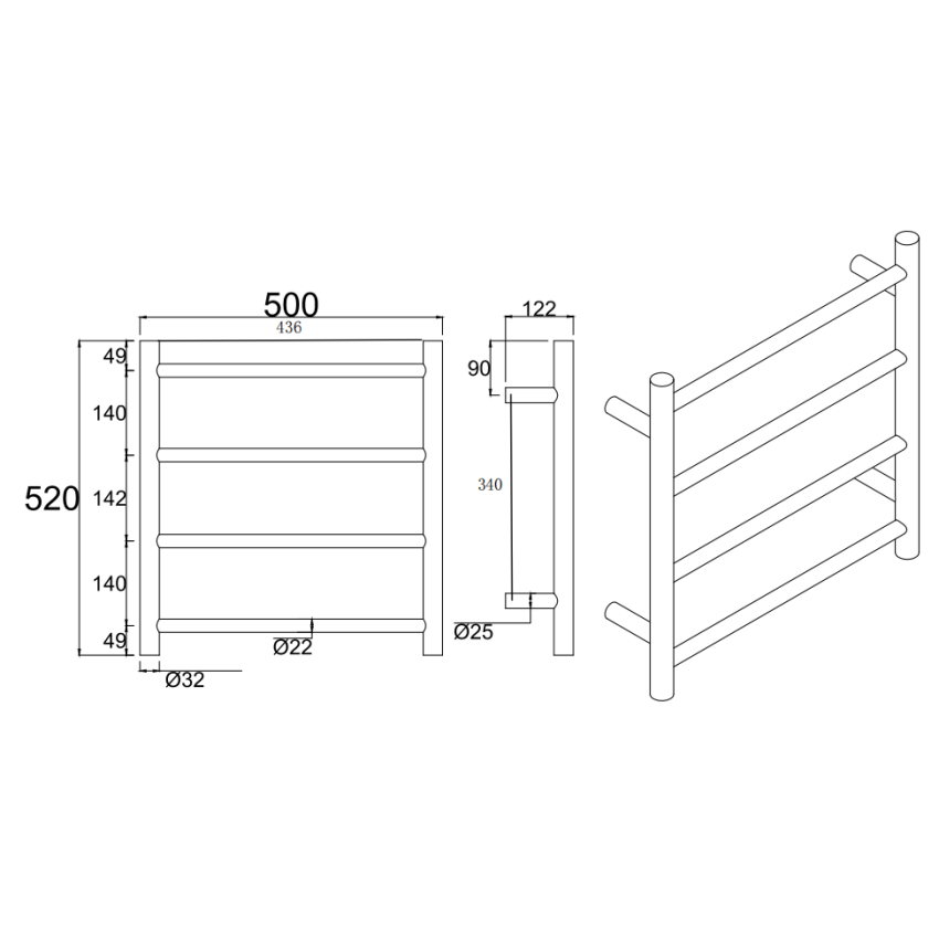 Black Round Electric Heated Towel Rack 4 Bars