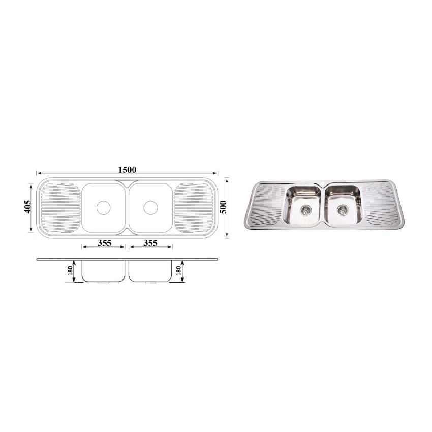 Cora Double Bowl & Double Drainer 1500 x 500 x 180mm