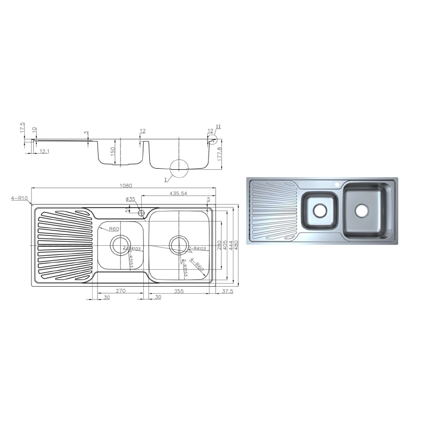 Otus 1 & 3/4 Bowl & Drainer Sink 1080 x 480 x178mm