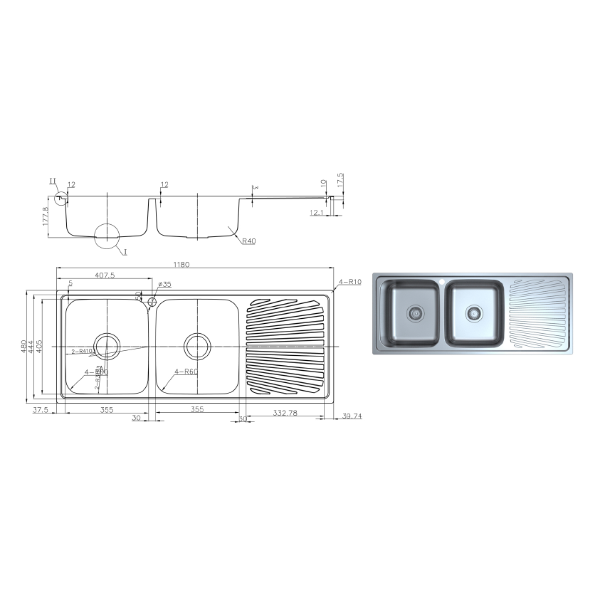 Otus Double Bowl & Drainer Sink 1180 x 480 x178mm