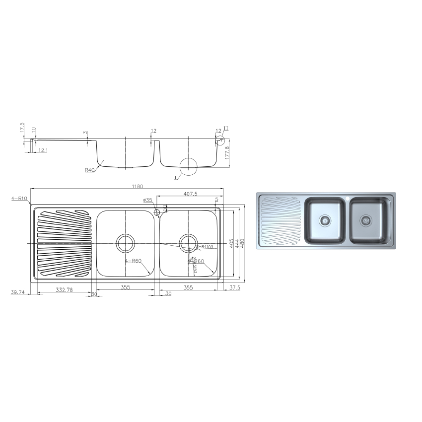 Otus Double Bowl & Drainer Sink 1180 x 480 x178mm