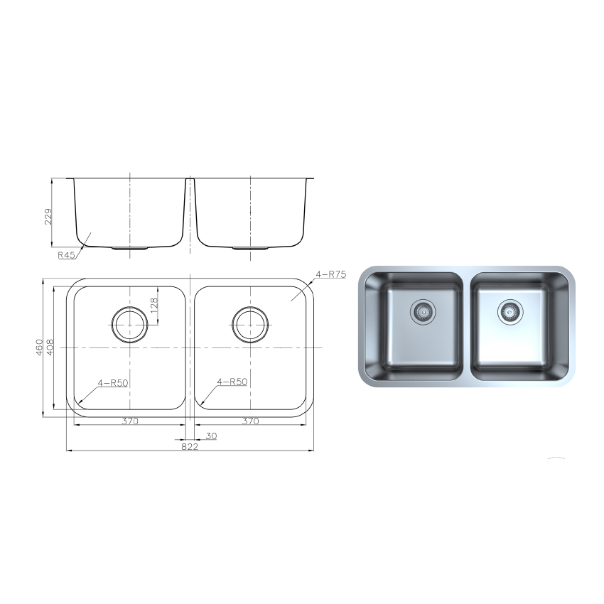 Otus Double Bowl Undermount Sink 822 x 460 x 230mm