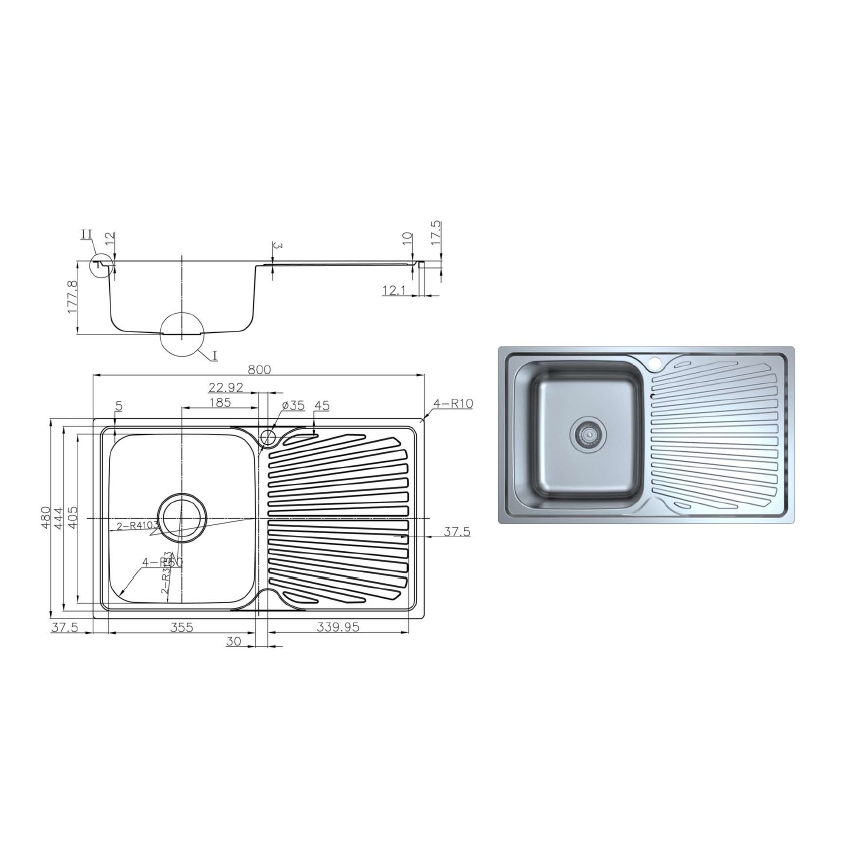 Otus Single Bowl & Drainer Sink 800 x 480 x 178mm