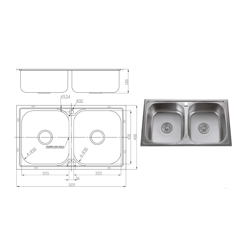 Otus Double Bowl Topmount Sink 820 x 470 x 190mm
