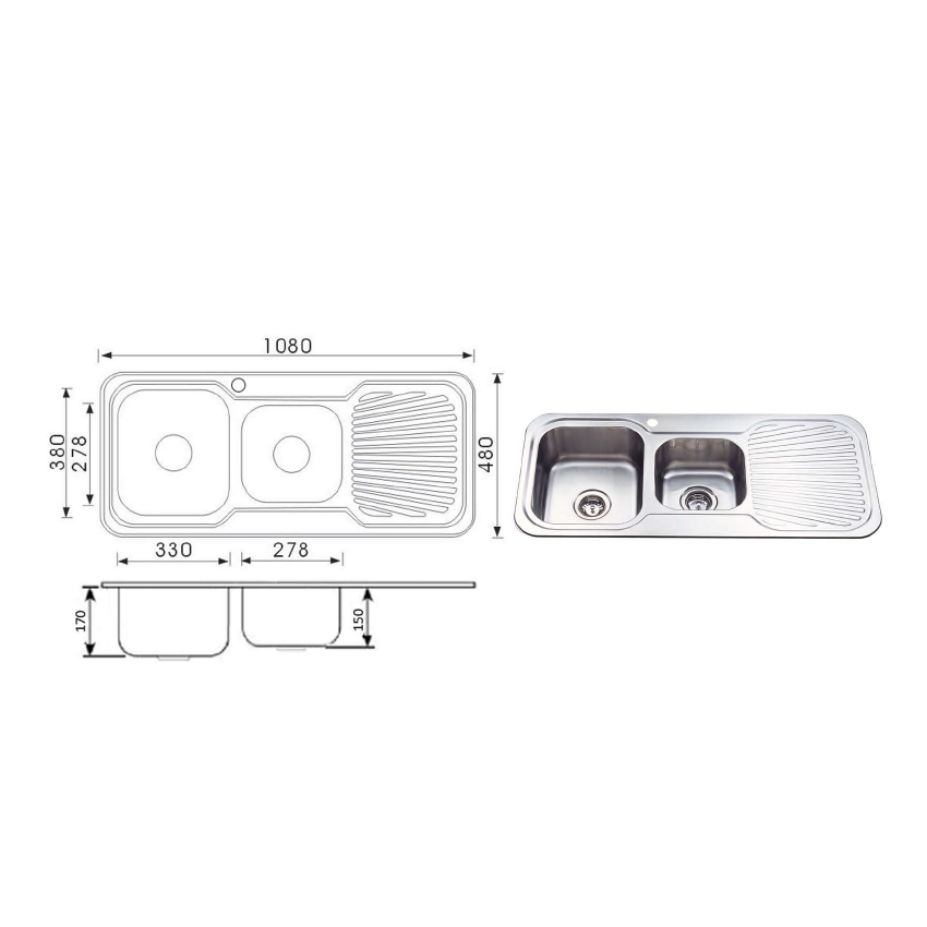 Cora 1 & 3/4 Bowl & Single Drainer 1080 x 480 x 170mm
