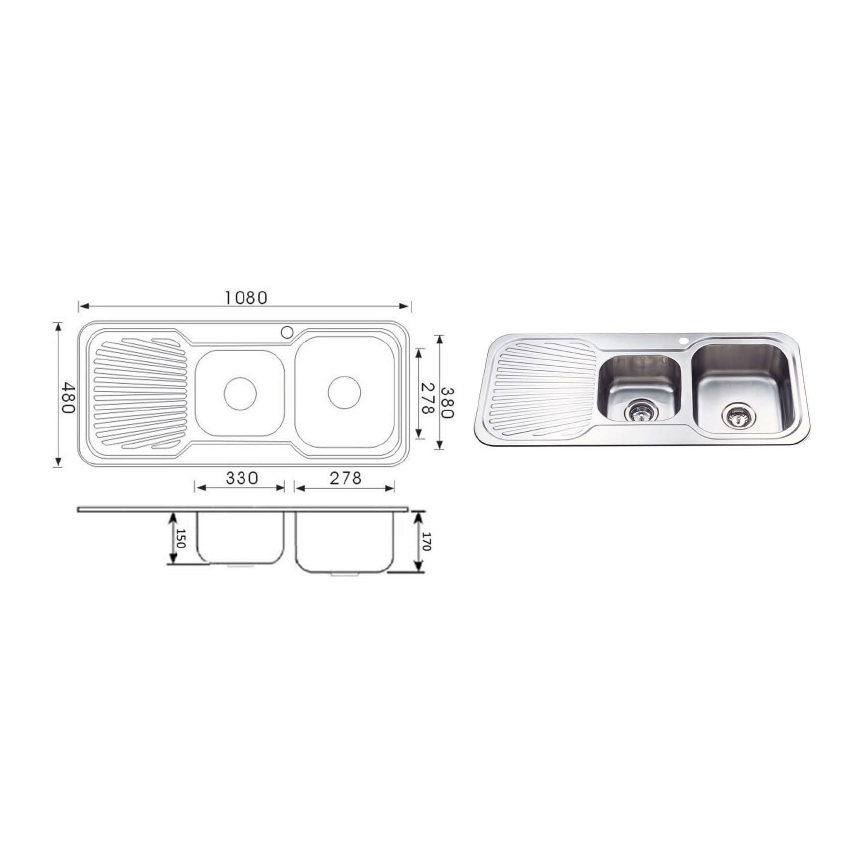 Cora 1 & 3/4 Bowl & Single Drainer 1080 x 480 x 170mm