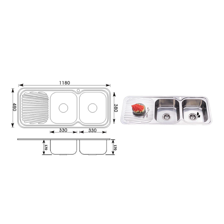 Cora Double Bowl & Single Drainer 1180 x 480 x 170mm