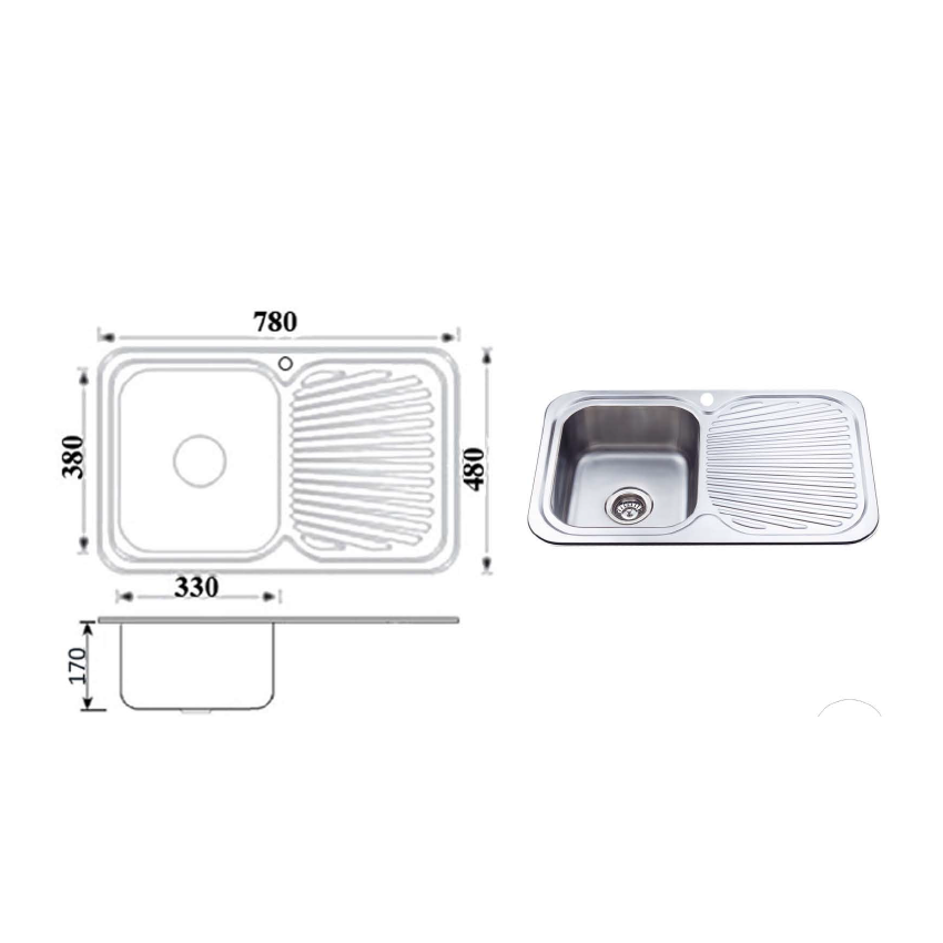 Cora Single Bowl & Single Drainer 780 x 480 x 170mm